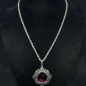 1928 Silver Tone Rope Chain Necklace With Purple Pendant (4271)